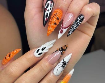 Halloween Press On Nails: Pumpkin Ghost Spider Web Design