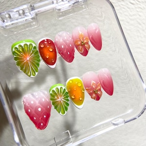 3D Fruit & Flower Press On Nails: Handmade Summer Vacation Nail Art