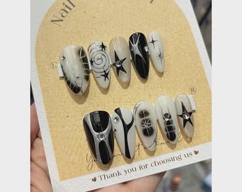 Handmade Cyber Y2K Press-On Nails, Black White Star Charms, Chrome Nail Art
