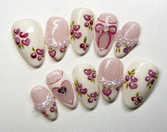 Handmade Pink Heart & Pearl Press On Nails, Rose Garden French Style Set