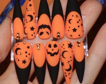 Halloween Press On Nails: Pumpkin Ghost Spider Web Design