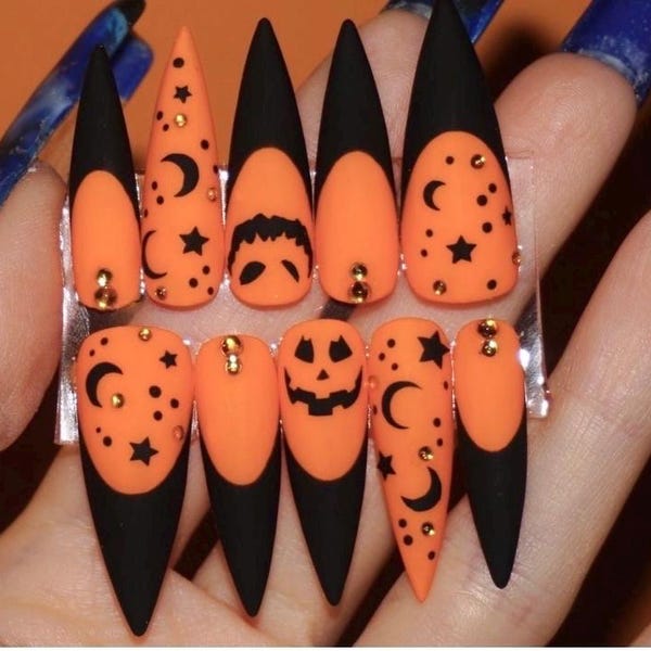 Halloween Press On Nails: Pumpkin Ghost Spider Web Design