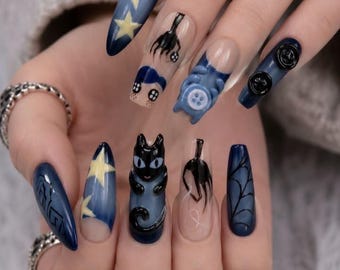 3D Black Cat Coffin Nails | Dark Fantasy Blue Starburst Hand Painted Gel Set