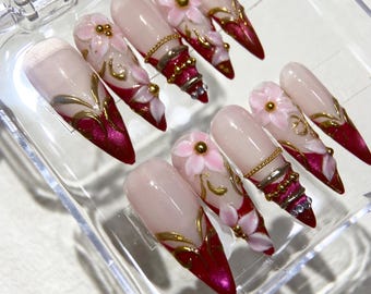3D flower Press On Nails: Handmade Y2K Carnival Style / cat eye nail free style