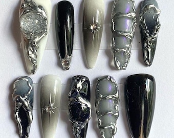 Ręcznie robione czarne i chromowane paznokcie Y2K Press On Stiletto