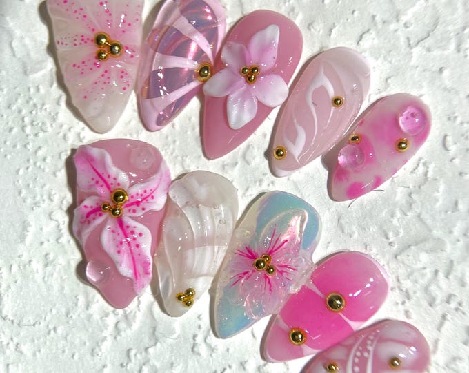 3D Flower Press On Nails: Pink Ombre Almond, Handmade