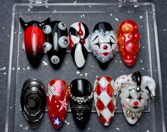 Handmade Halloween Press-On Nails | 3D Clown, Jester, Gothic Horror Art
