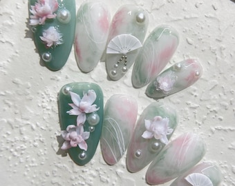 Handmade Pink Lotus Press On Nails: Almond Marble Nail Art