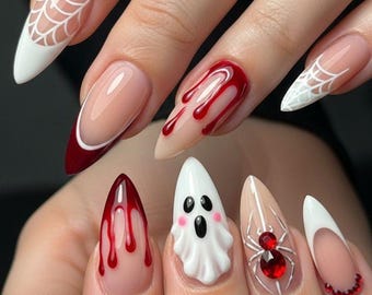 Handmade Halloween Press-On Nails | 3D Ghost, Red Drip, Spiderweb Almond Nails