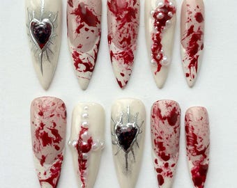Bloody Press On Nails, Vampire Coquette Gothic Gel Nails, Handmade Halloween Red Splatter Heart