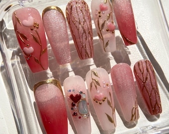 3D Press-On Nails, Handmade Valentine Freestyle / heart nail / red color Valentine