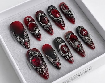 Dark Fantasy Stiletto Press On Nails | Red Black Gothic Moon Star Nail Art