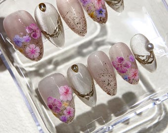 3D Flower FreeStyle Medium Almond Press On Nails, Pink ombre nail /