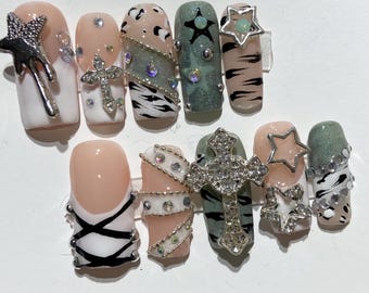Y2K Goth Press On Nails | Zebra French Tip | Cross Charm | Chrome Star