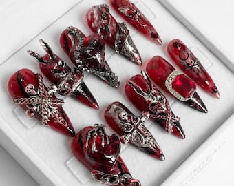 Goth Bunny Press On Nails | Dark Red 3D Chain Cross Gel False Nails