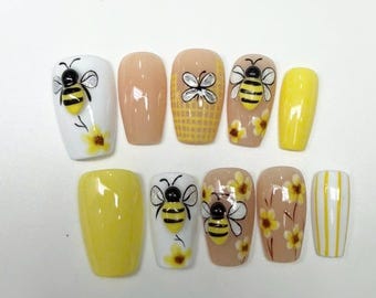 3D Bee Press On Nails | Yellow Spring Floral Gel Set