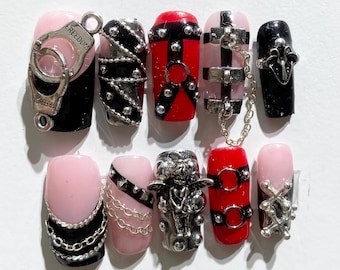 Y2K Punk Press On Nails | Red Black Goth Grunge Rockstar Charms