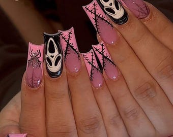 Pink Scream Press-On Nails | Halloween Ghost Face, Spider Web Almond Nails