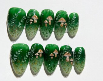 Green Botanical Mushroom Press On Nails | Leaf Pattern, Pearl Accent, Almond Shape