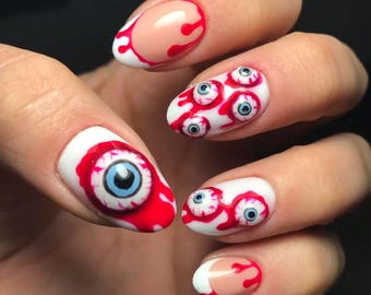 Handmade Abstract Horror Press On Nails: 3D Eyes, Veins, Metallic Accents