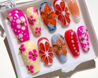 3D Flower Ombre Press-On Nails: medium almond/ ombre nail / y2k freestyle