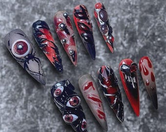Handmade Red Eyeball Press-On Nails | Gothic Horror Stiletto Fake Nails