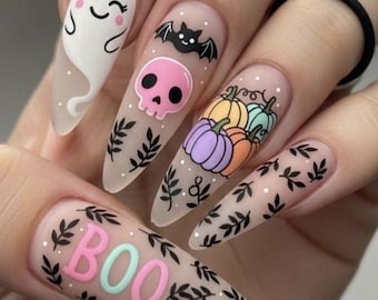 Pastel Halloween Press On Nails | Ghost Pumpkin Bat Skull | Long Coffin Handmade Gel Nails