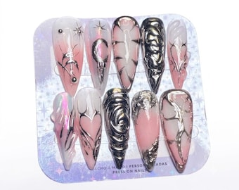 Handmade Y2K Press On Nails: 3D Chrome Pink Ombre Style