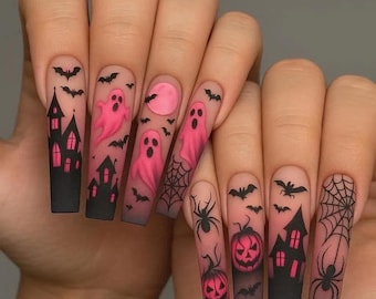Handmade Pink Halloween Press-On Nails | Spooky Ghost, Haunted House, Coffin Shape (Matte)