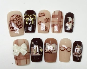 Book Lover Press On Nails, Reading Nails, Teacher Gift, brown Plaid Manicure