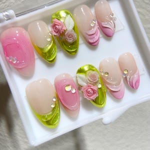 3D Flower FreeStyle Medium Almond Press On Nails, Pink ombre nail /