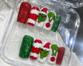 Handmade Christmas Press On Nails: Grinch, Candy Cane & Glitter
