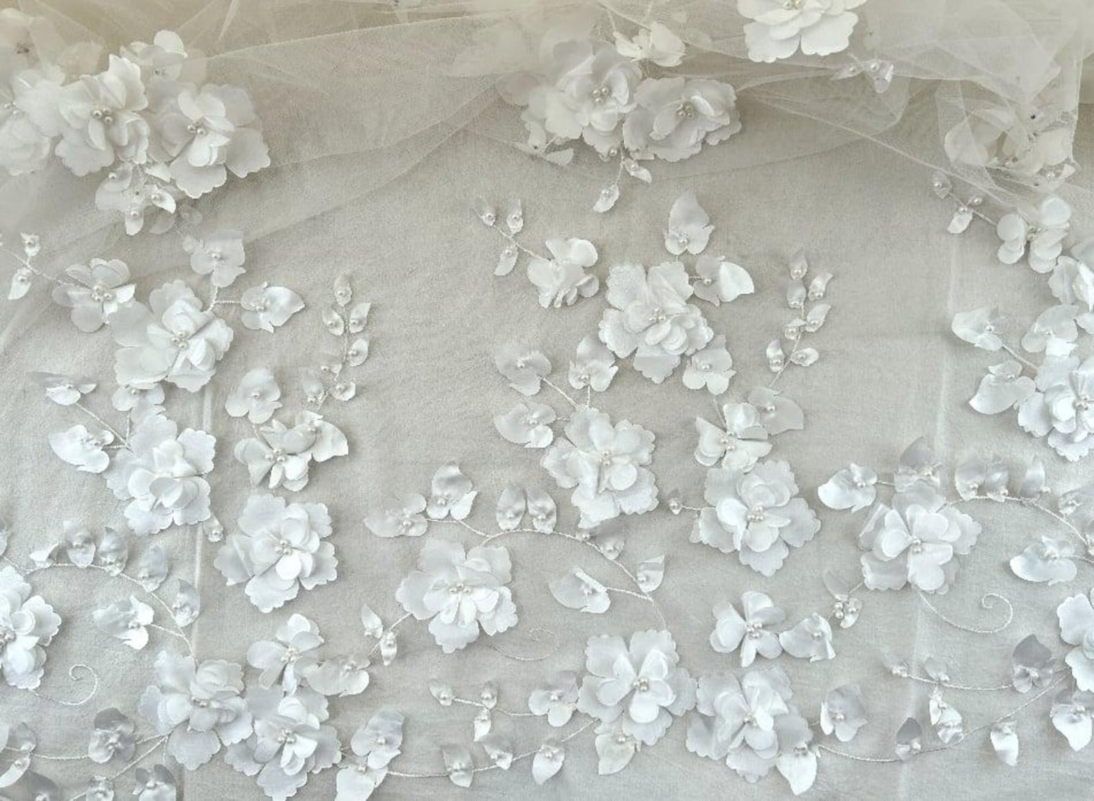 3-D Flower Lace Fabric in silver off-white color main image 0