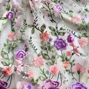 Floral Lace Fabric,Purple Floral Embroidered,Lace Fabric,Prom Dress Fabric,Flower Fabric,Embroidery Fabric,Graceful Lace Fabric,By The Yard