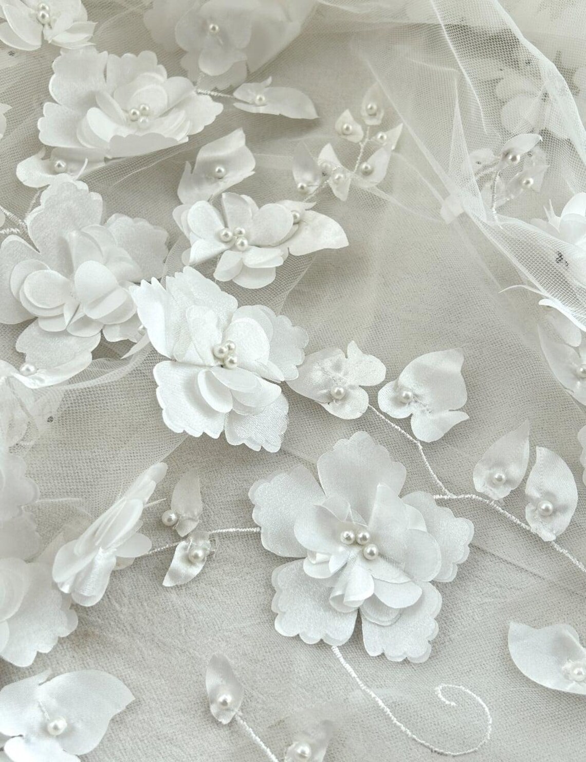 3-D Flower Lace Fabric in silver off-white color main image 1