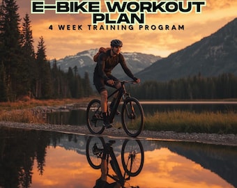 May include: An e-bike rider on a black mountain bike is reflected in the water. The image features the text "E-BIKE WORKOUT PLAN 4 WEEK TRAINING PROGRAM" in a yellow and black font. The background includes a lake, mountains, and a sunset.
