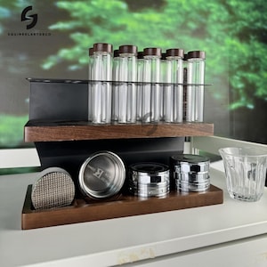 Tubos de almacenamiento de café de dosis única, 12 piezas, soporte de exhibición de madera y embudo, frascos de café de vidrio dosificadores, frascos de dosificación de espresso con uno