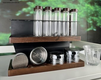 Tubos de almacenamiento de café de dosis única, 12 piezas, soporte de exhibición de madera y embudo, frascos de café de vidrio dosificadores, frascos de dosificación de espresso con uno