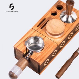 Walnut Wood Knock Box,Tamper,Espresso Accessory Stand With Options,Breville Espresso ToolKit,8Piece Set,Distribution Tool (58mm),offee Tampe