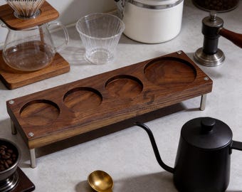 All in one Coffee barista Stand Holder for Bottomless,Wooden coffee storage stand,tamper base,Spout Portafilter 58mm,Walnut ,Coffee Storage