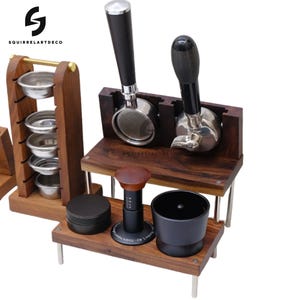 58 tamper base，All in one Coffee barista Stand Holder for Bottomless,Wooden coffee storage stand, Spout Portafilter 51/58mm,Coffee Storage