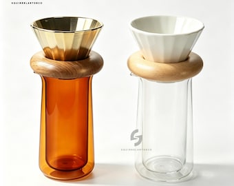 Koffieset, dubbelwandige glazen karaf, koffiedruppelaar met houten kraag, koffiezetapparaat, verjaardagscadeau voor koffieliefhebbers
