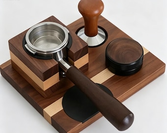 Complete Barista Tools Set,Espresso Accessories Kit,51mm.53mm.58mm Espresso Tamper Station Walnut,Portafilter Holder Espresso Bar Organizer
