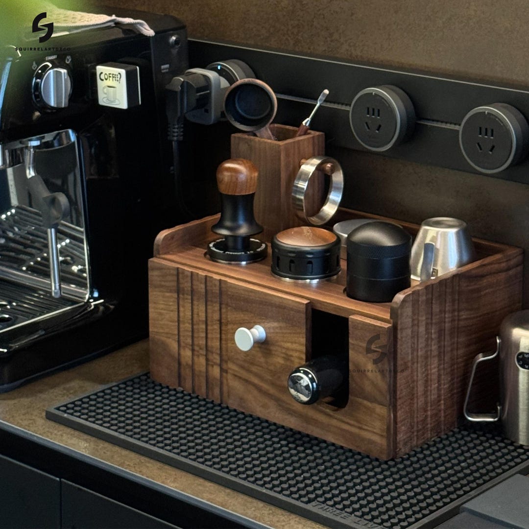 Walnut Coffee Machine Stand,Coffee Pod DrawerOrganizer with,Solid Walnut Coffee Bar Organizer,Modern Kitchen Countertop Storage,Coffee Gifts
