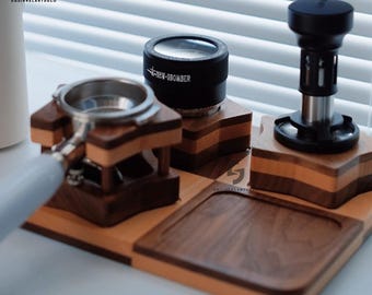 Espresso Accessory Stand With Options,Breville Espresso Tool Kit - 8 Piece Set,Walnut Wood Knock Box, Tamper,Distribution Tool (58mm)