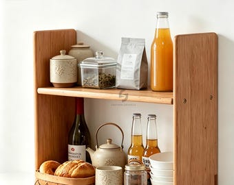 Drijvende houten opberger koffiebar, aan de muur gemonteerd kersenhouten rek voor thee- en koffiekopjes, doos met planken op het bureau, keukenplank, koffiehouder