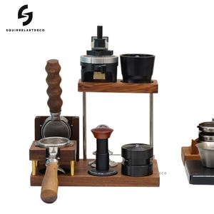 Wooden coffee storage stand,58tamper base,All in one Coffee barista Stand Holder for Bottomless,Spout Portafilter 58mm,Walnut,Coffee Storage