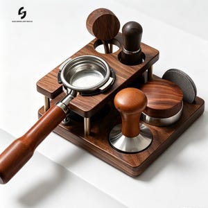 Puede incluir: Una estación organizadora de espresso de madera oscura que incluye un portafiltro con mango de madera, un prensador de metal con parte superior de madera, una tapa circular de madera y un pequeño filtro de metal. Logo SQUIRRELARTDECO.