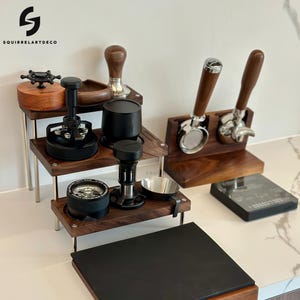 Wooden coffee storage stand,58tamper base,All in one Coffee barista Stand Holder for Bottomless,Spout Portafilter 58mm,Walnut,Coffee Storage