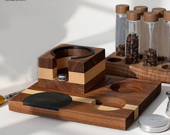 Complete Barista Tools Set,Espresso Accessories Kit,51mm.53mm.58mm Espresso Tamper Station Walnut,Portafilter Holder Espresso Bar Organizer